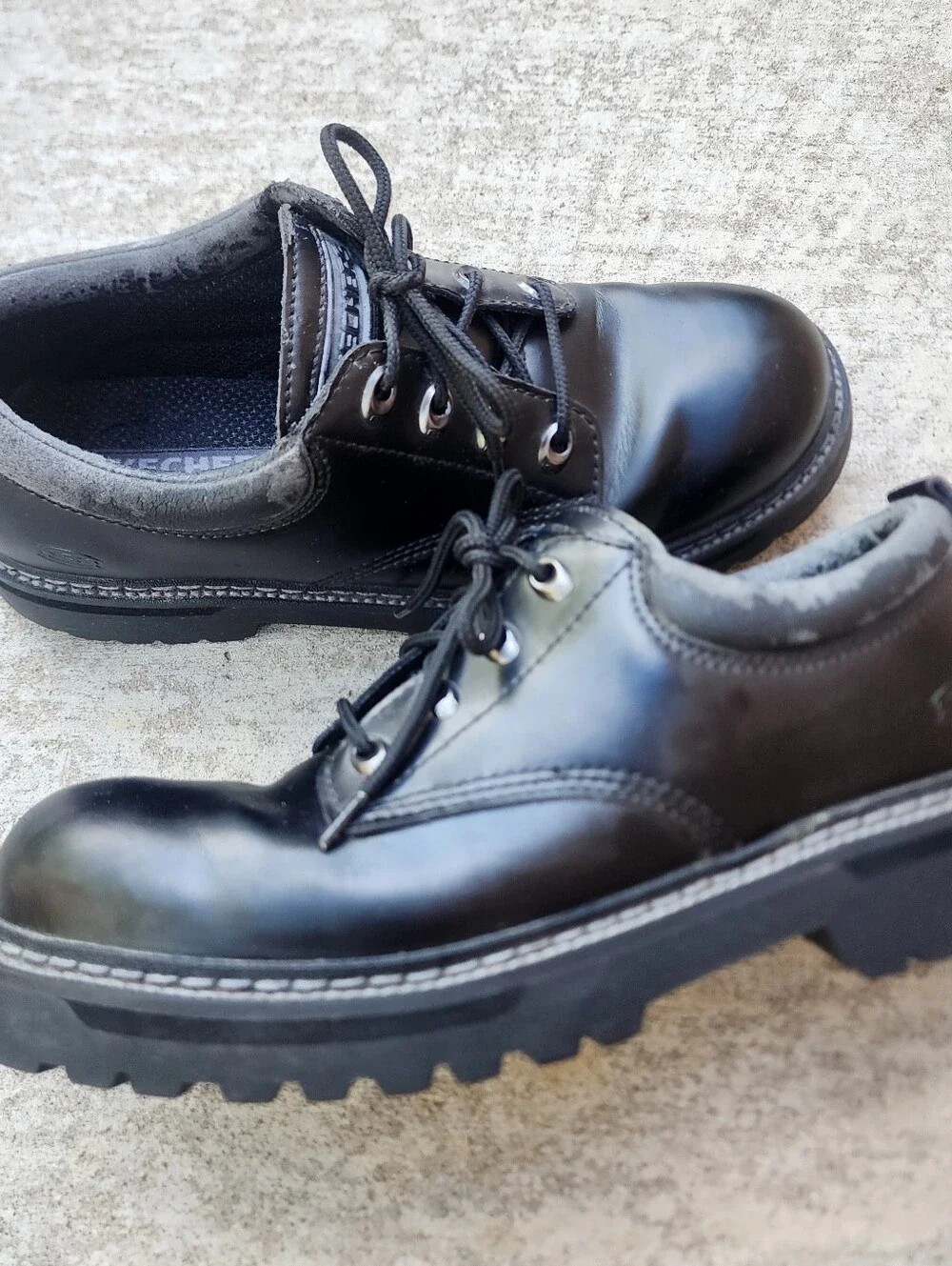 Y2K 2000s Black Leather Skechers Jammer Oxford Chunky Lug Sole Shoes Mens 10.5